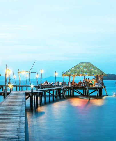 Beach bungalow at night